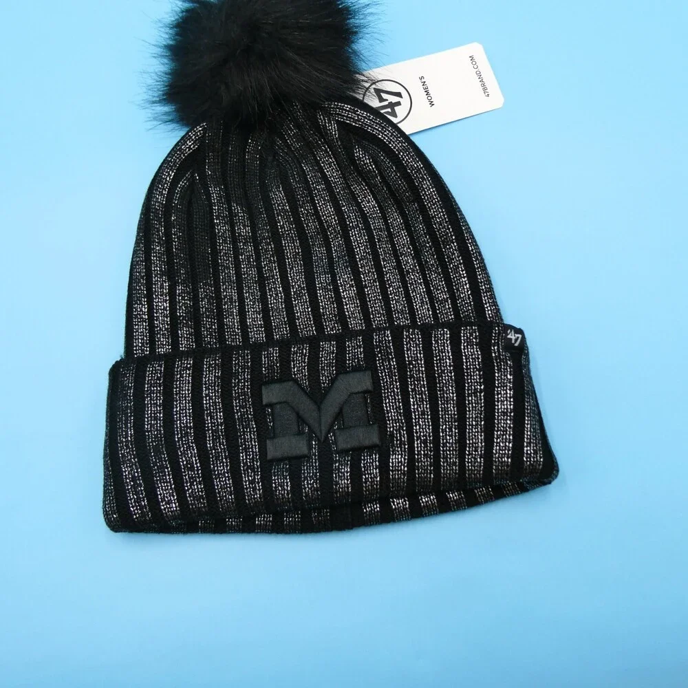 '47 Brand Michigan Wolverines Winter Hat Womens Black Silver Knit Beanie Pom New